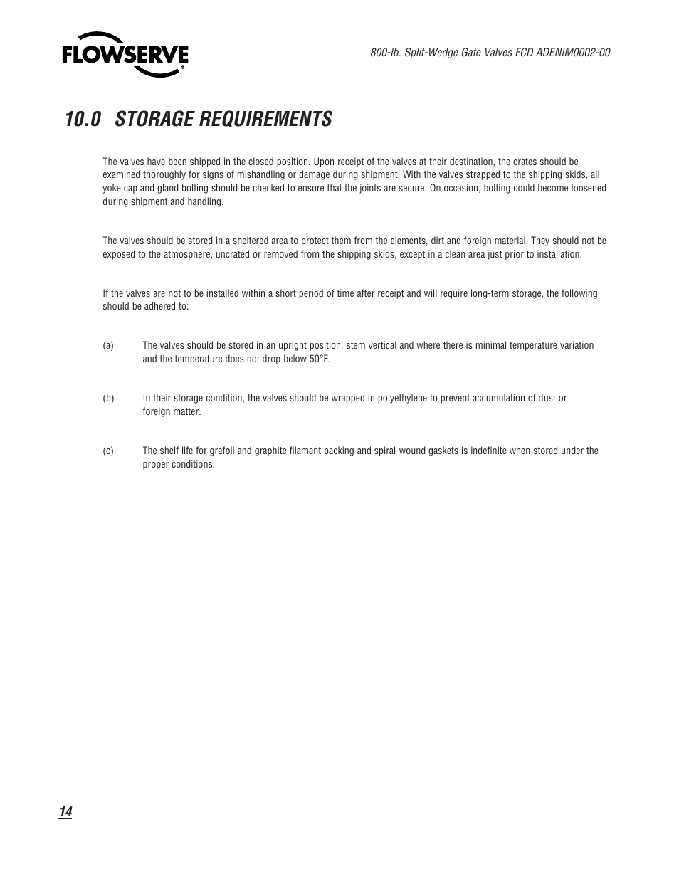 0 storage requirements | Flowserve 800 Split-Wedge Gate Valve User Manual | Page 14 / 20