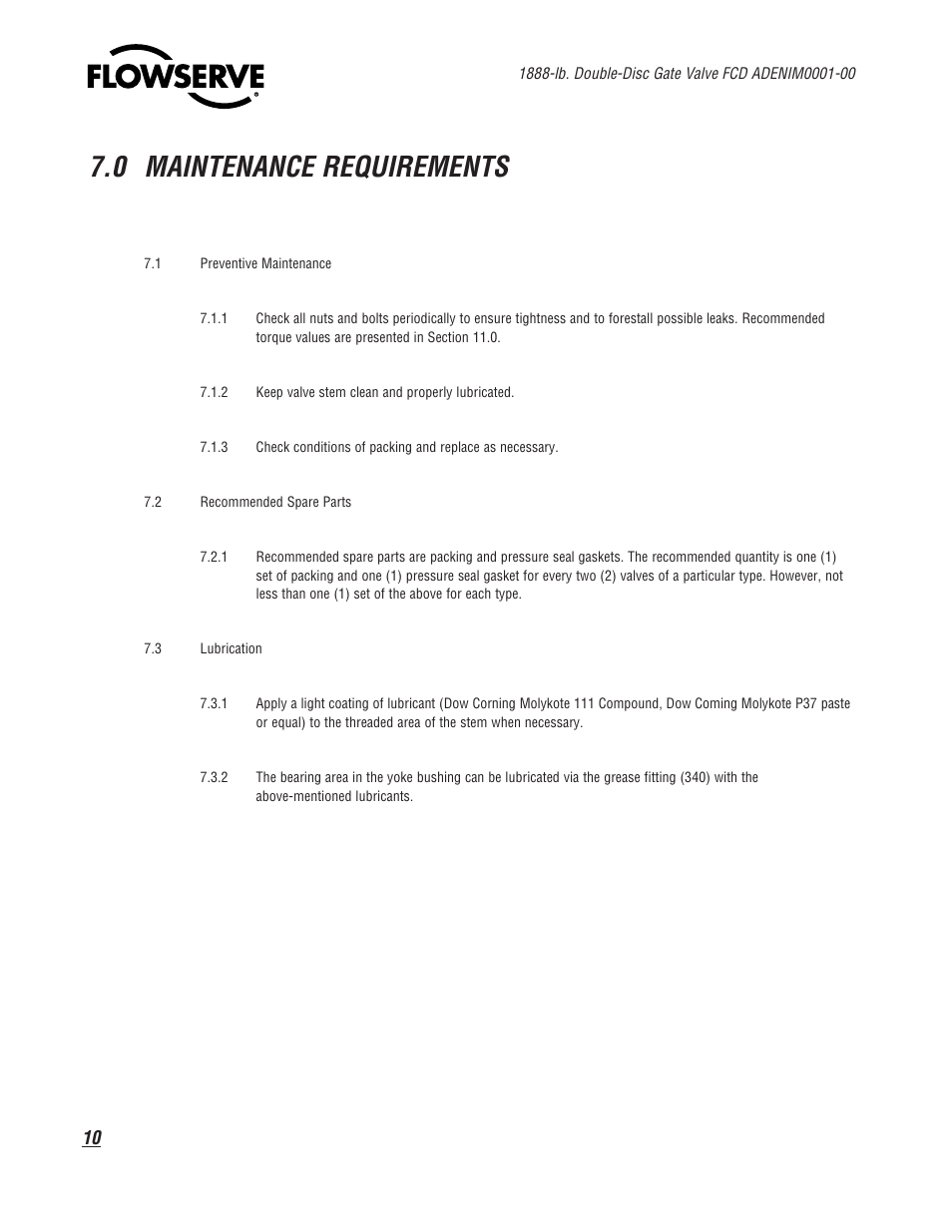 0 maintenance requirements | Flowserve 1888 Double-Disc Gate Valve User Manual | Page 10 / 24