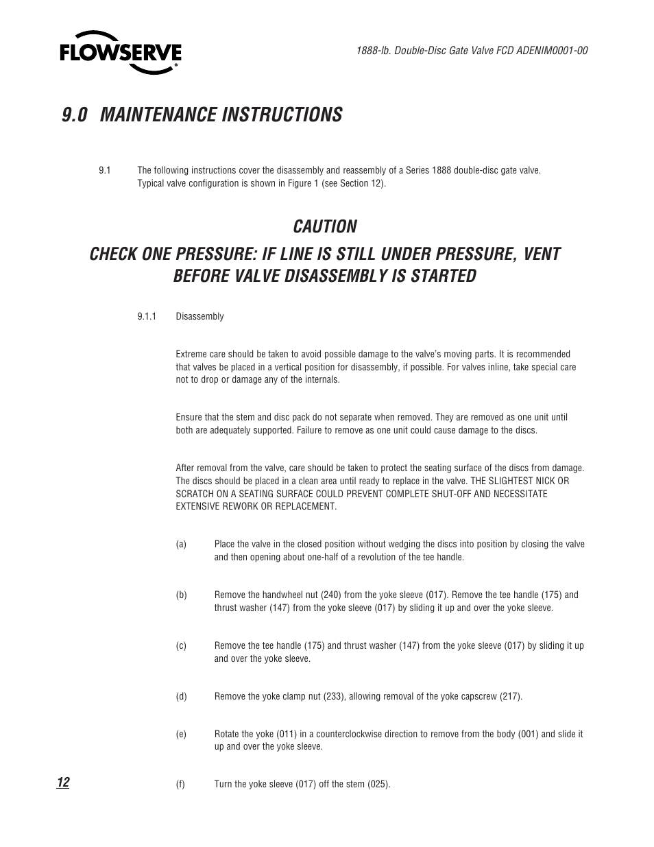 0 maintenance instructions | Flowserve 1888 Double-Disc Gate Valve User Manual | Page 12 / 24