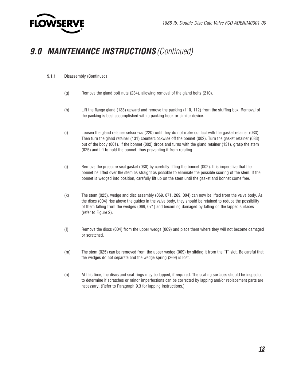 0 maintenance instructions, Continued) | Flowserve 1888 Double-Disc Gate Valve User Manual | Page 13 / 24