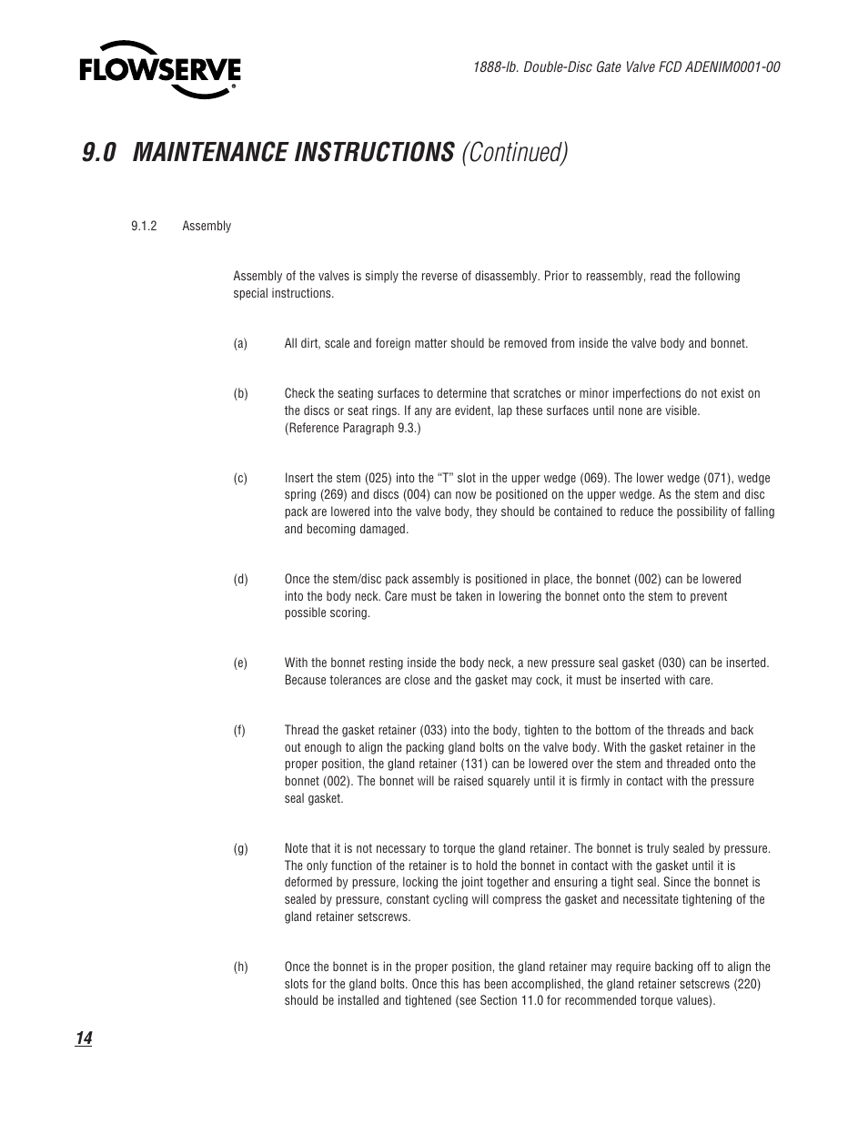 0 maintenance instructions (continued) | Flowserve 1888 Double-Disc Gate Valve User Manual | Page 14 / 24