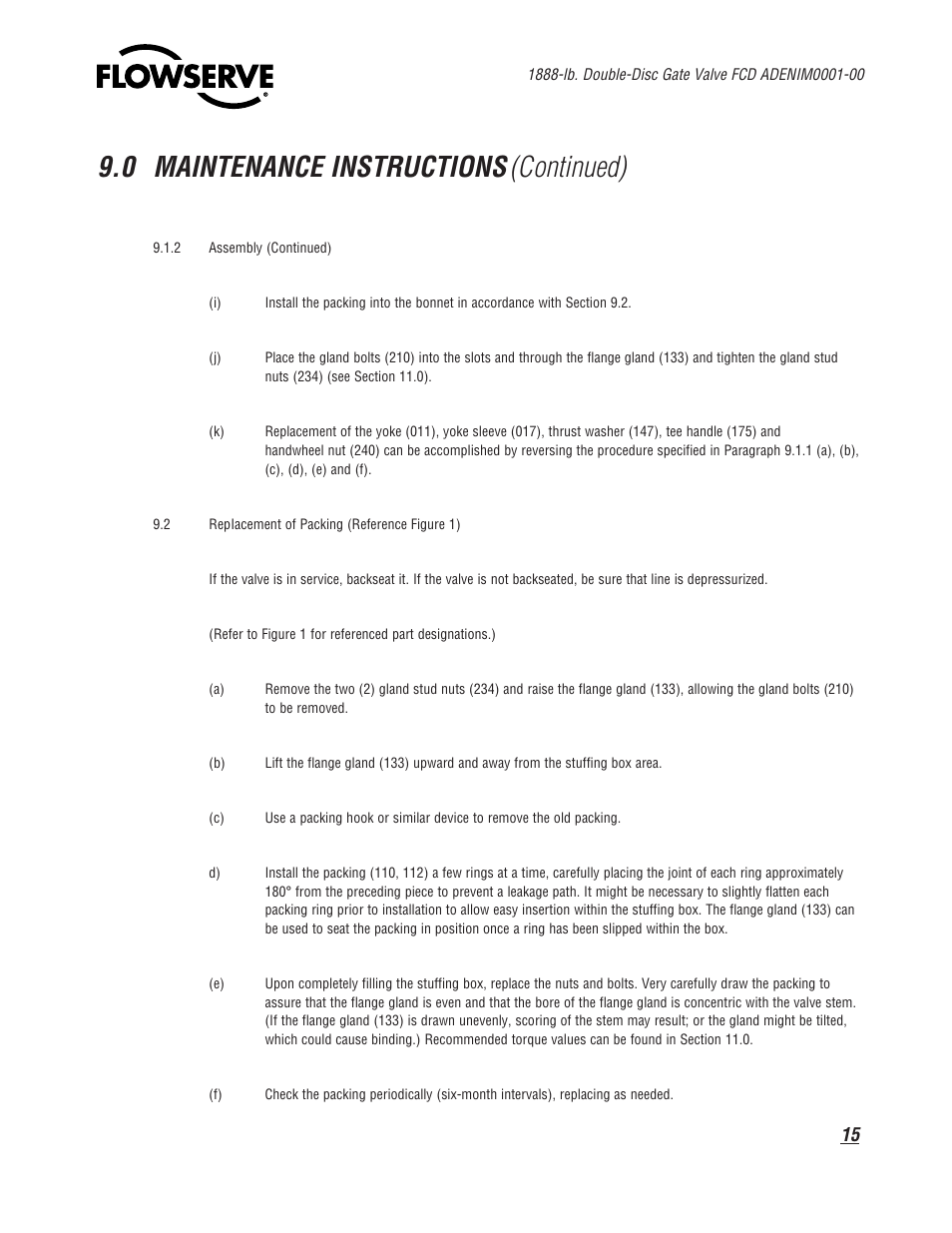 0 maintenance instructions, Continued) | Flowserve 1888 Double-Disc Gate Valve User Manual | Page 15 / 24