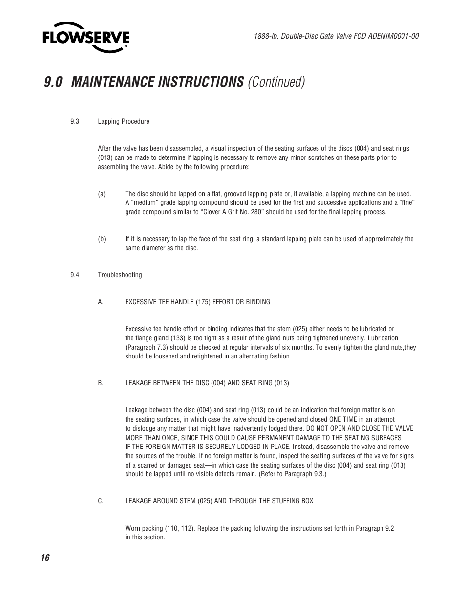 0 maintenance instructions (continued) | Flowserve 1888 Double-Disc Gate Valve User Manual | Page 16 / 24