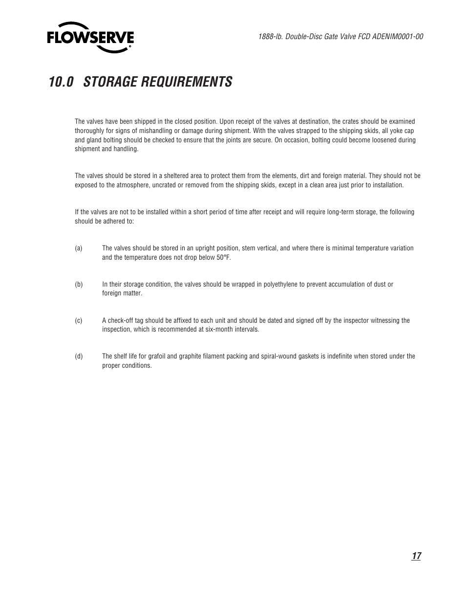 0 storage requirements | Flowserve 1888 Double-Disc Gate Valve User Manual | Page 17 / 24