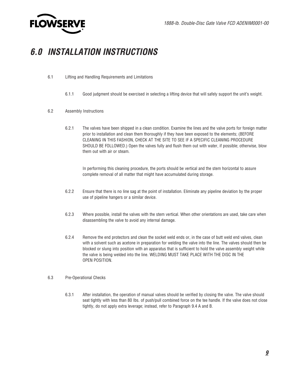 0 installation instructions | Flowserve 1888 Double-Disc Gate Valve User Manual | Page 9 / 24