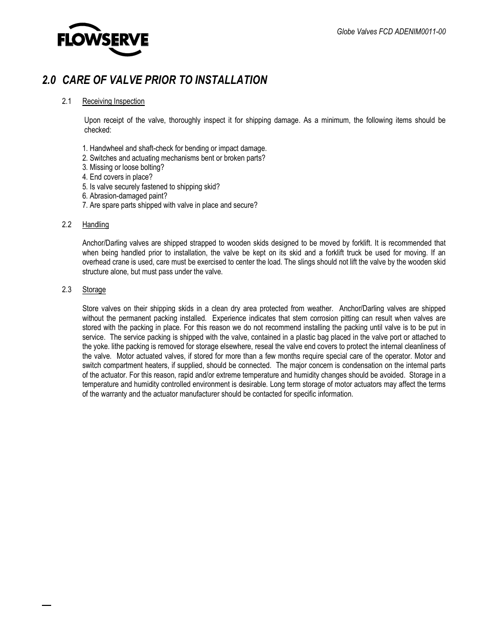 0 care of valve prior to installation | Flowserve Cast Globe Valves User Manual | Page 10 / 33