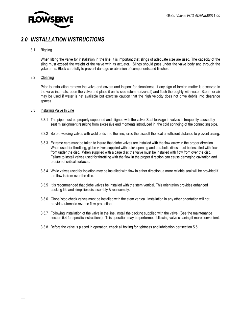 0 installation instructions | Flowserve Cast Globe Valves User Manual | Page 11 / 33