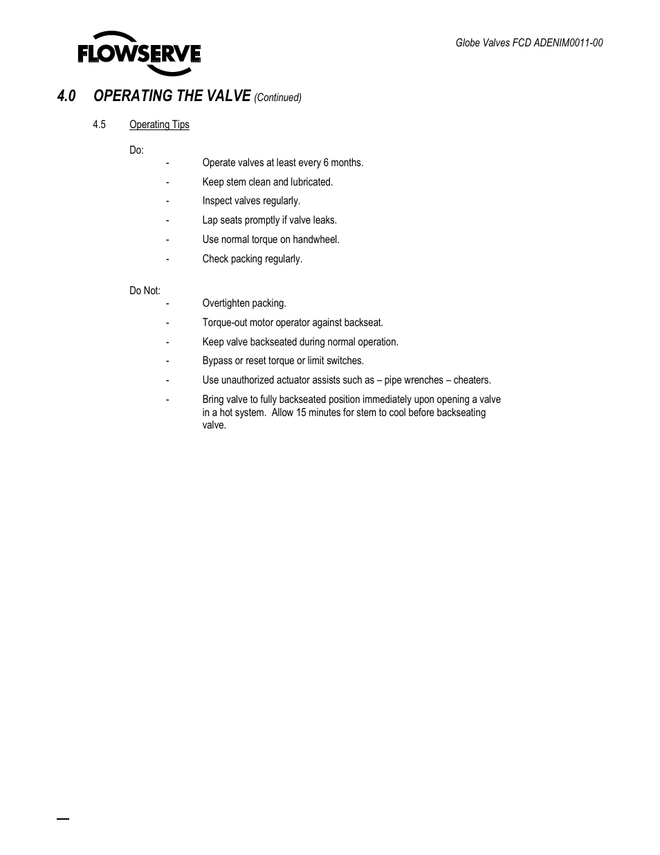 0 operating the valve | Flowserve Cast Globe Valves User Manual | Page 13 / 33