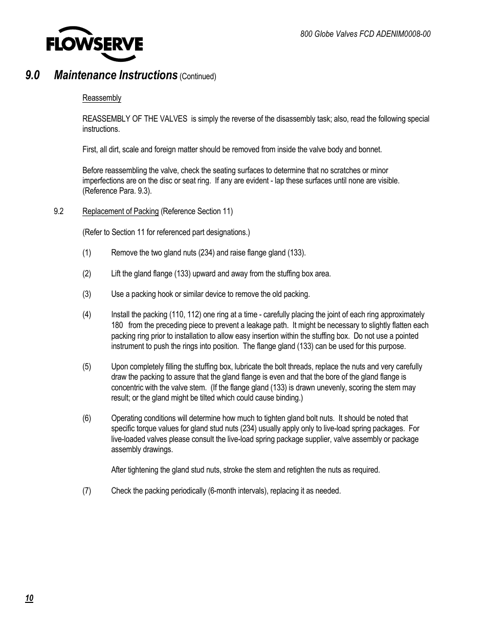 0 maintenance instructions | Flowserve 800 Globe Valve User Manual | Page 10 / 16