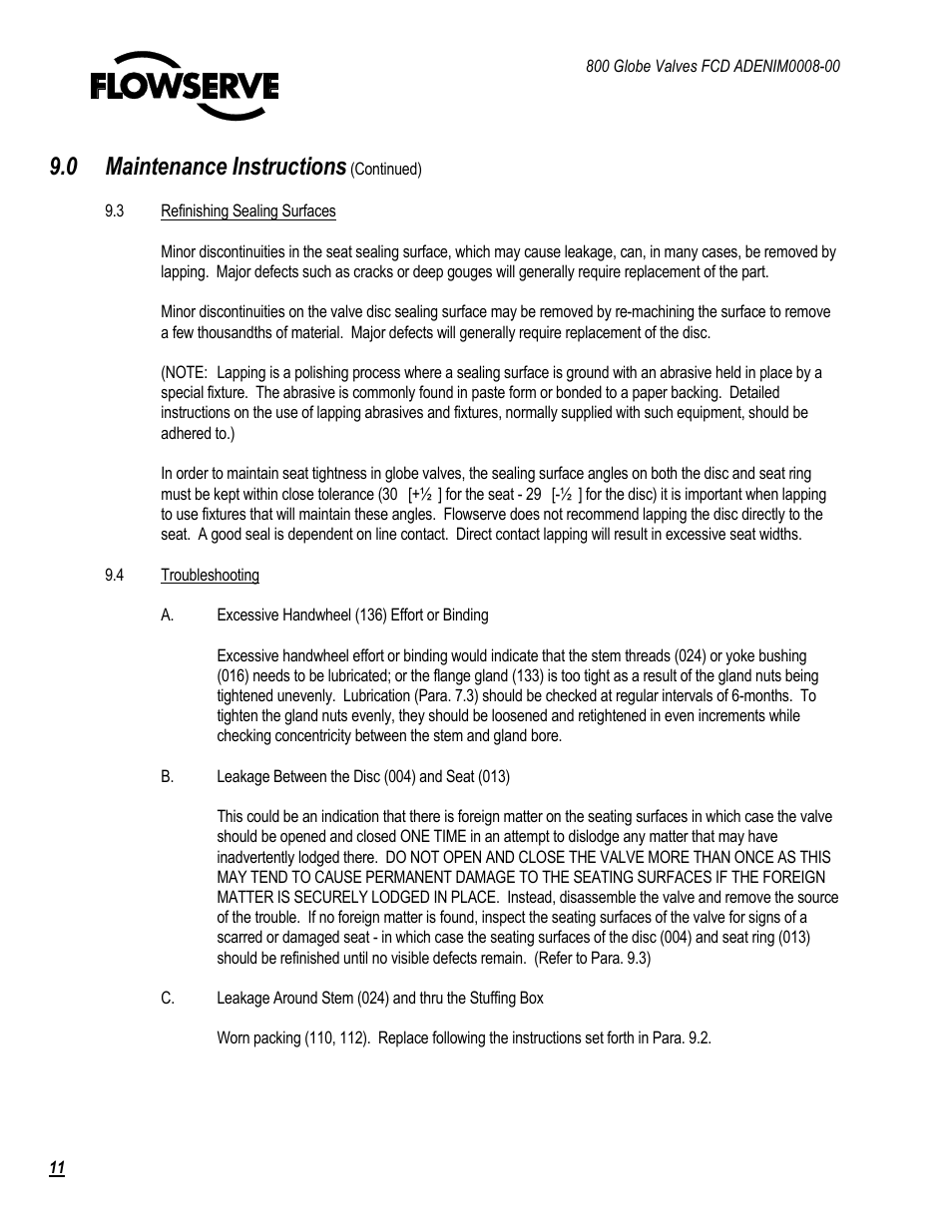0 maintenance instructions | Flowserve 800 Globe Valve User Manual | Page 11 / 16