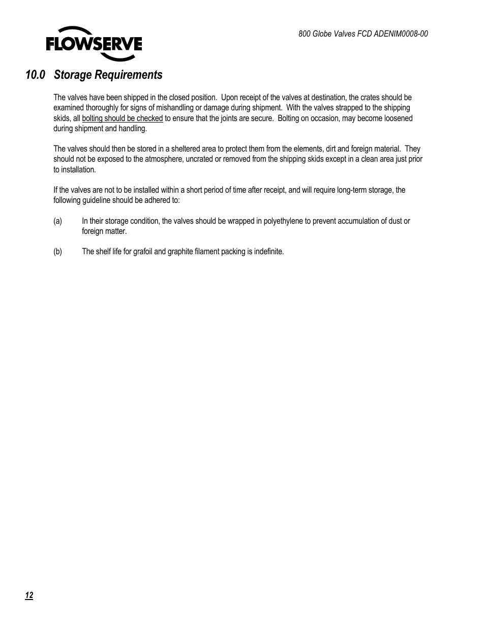 0 storage requirements | Flowserve 800 Globe Valve User Manual | Page 12 / 16