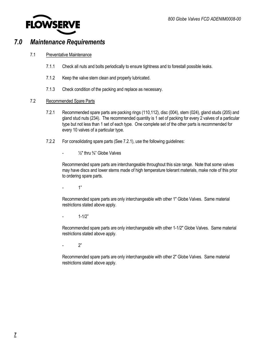 0 maintenance requirements | Flowserve 800 Globe Valve User Manual | Page 7 / 16