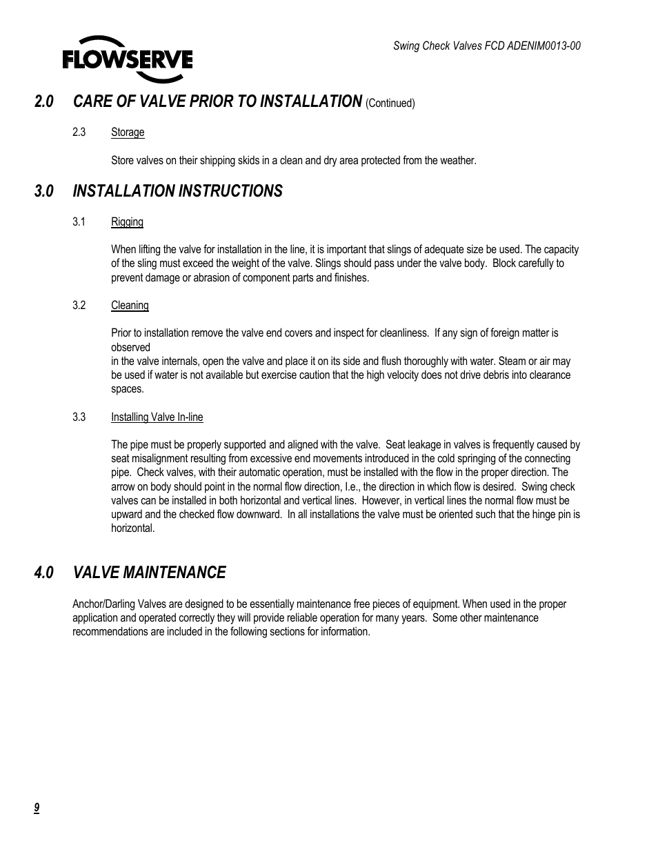0 care of valve prior to installation, 0 installation instructions, 0 valve maintenance | Flowserve Swing Check Valves 2.5-24 User Manual | Page 10 / 30