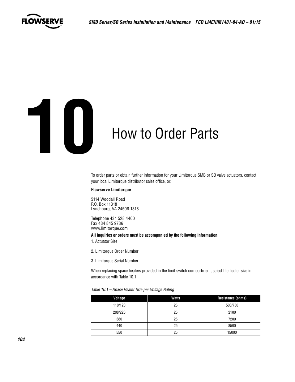 How to order parts | Flowserve SMB Series Electric Actuators User Manual | Page 104 / 106