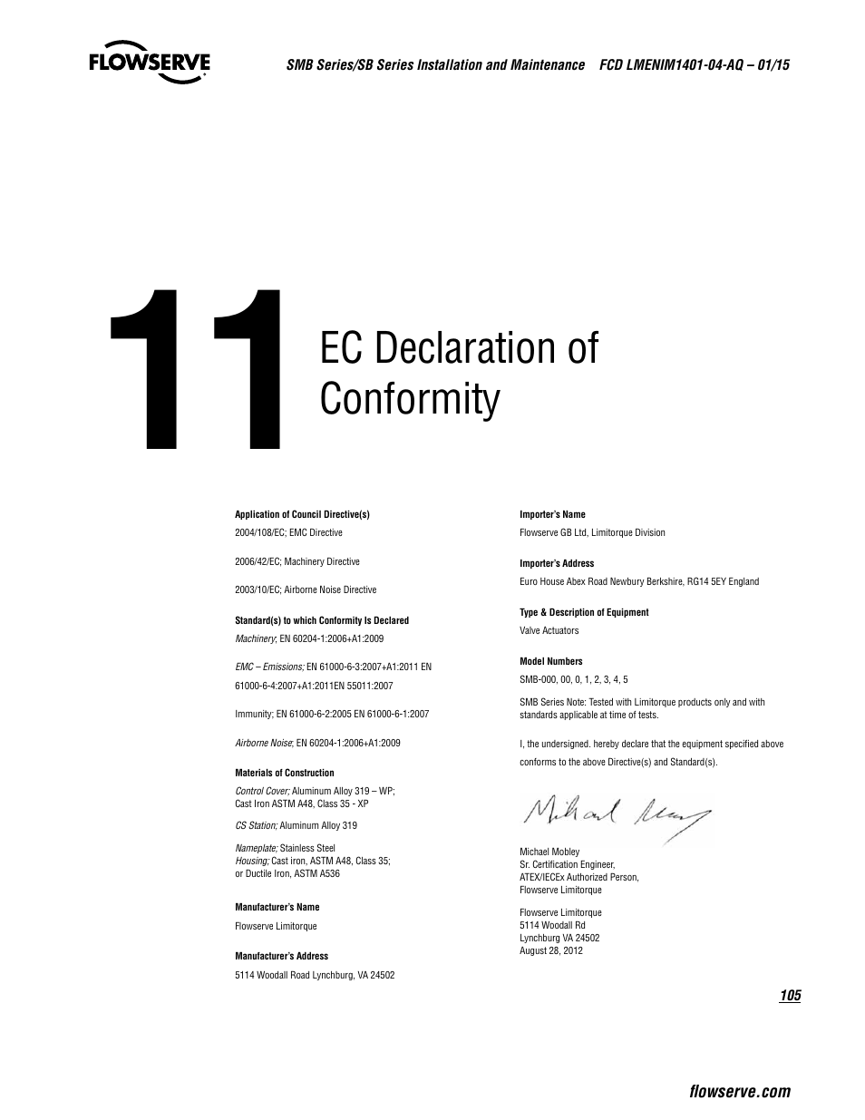 Ec declaration of conformity | Flowserve SMB Series Electric Actuators User Manual | Page 105 / 106