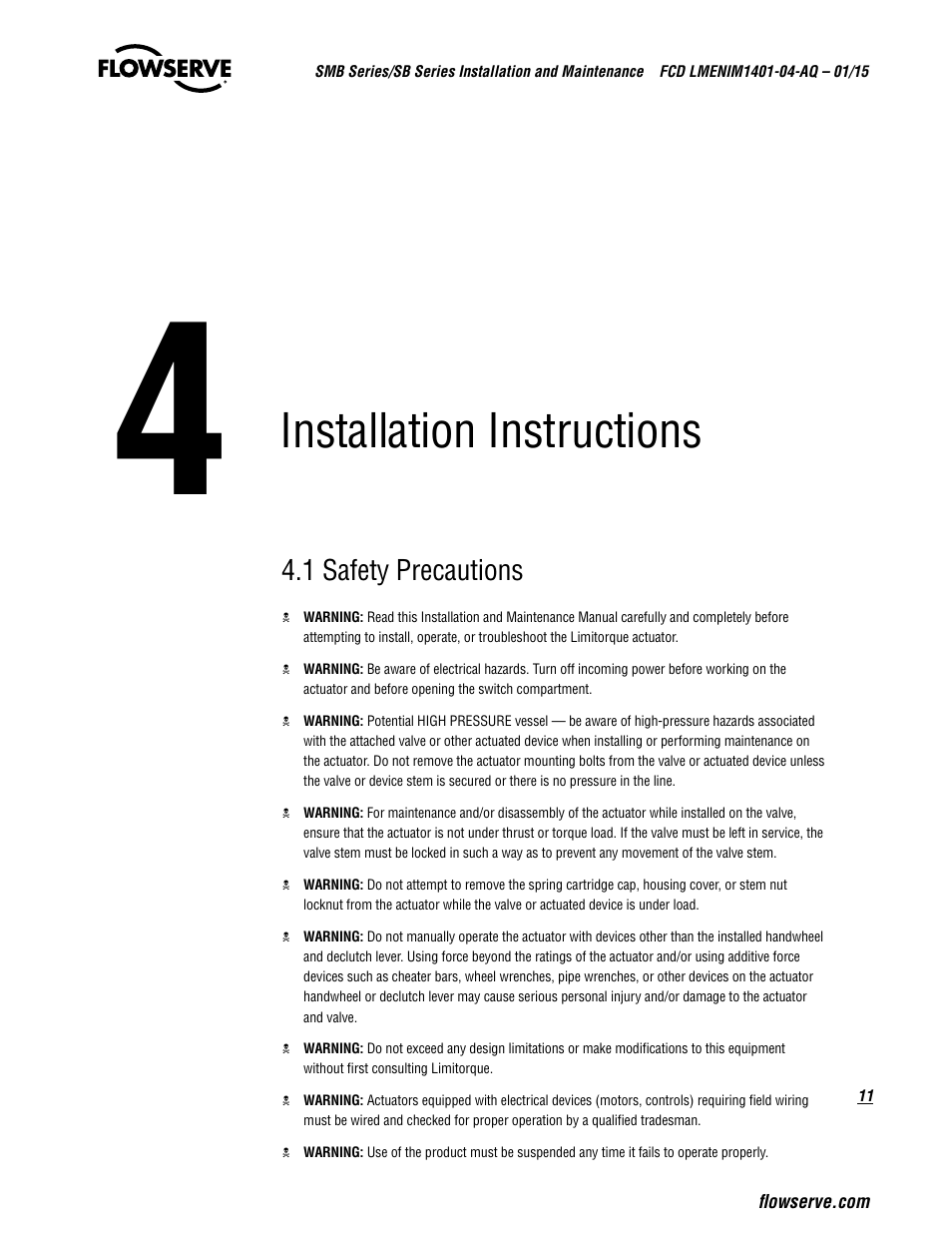 Installation instructions, 1 safety precautions | Flowserve SMB Series Electric Actuators User Manual | Page 11 / 106