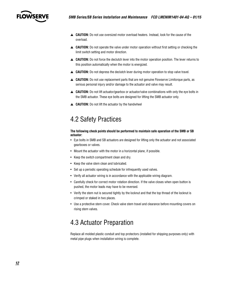 2 safety practices, 3 actuator preparation | Flowserve SMB Series Electric Actuators User Manual | Page 12 / 106