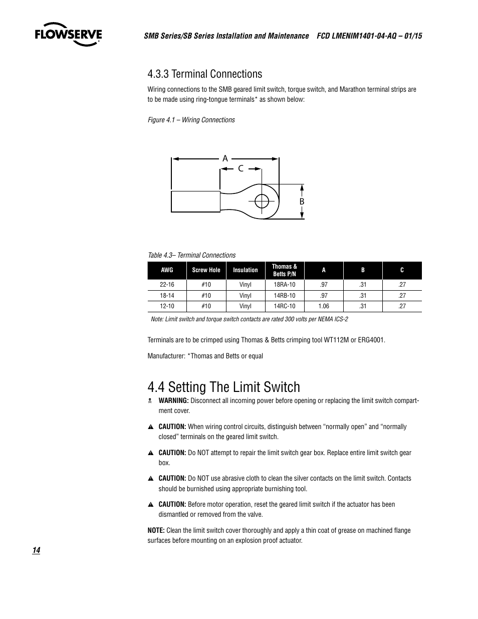 4 setting the limit switch, 3 terminal connections, Ac b | Flowserve SMB Series Electric Actuators User Manual | Page 14 / 106