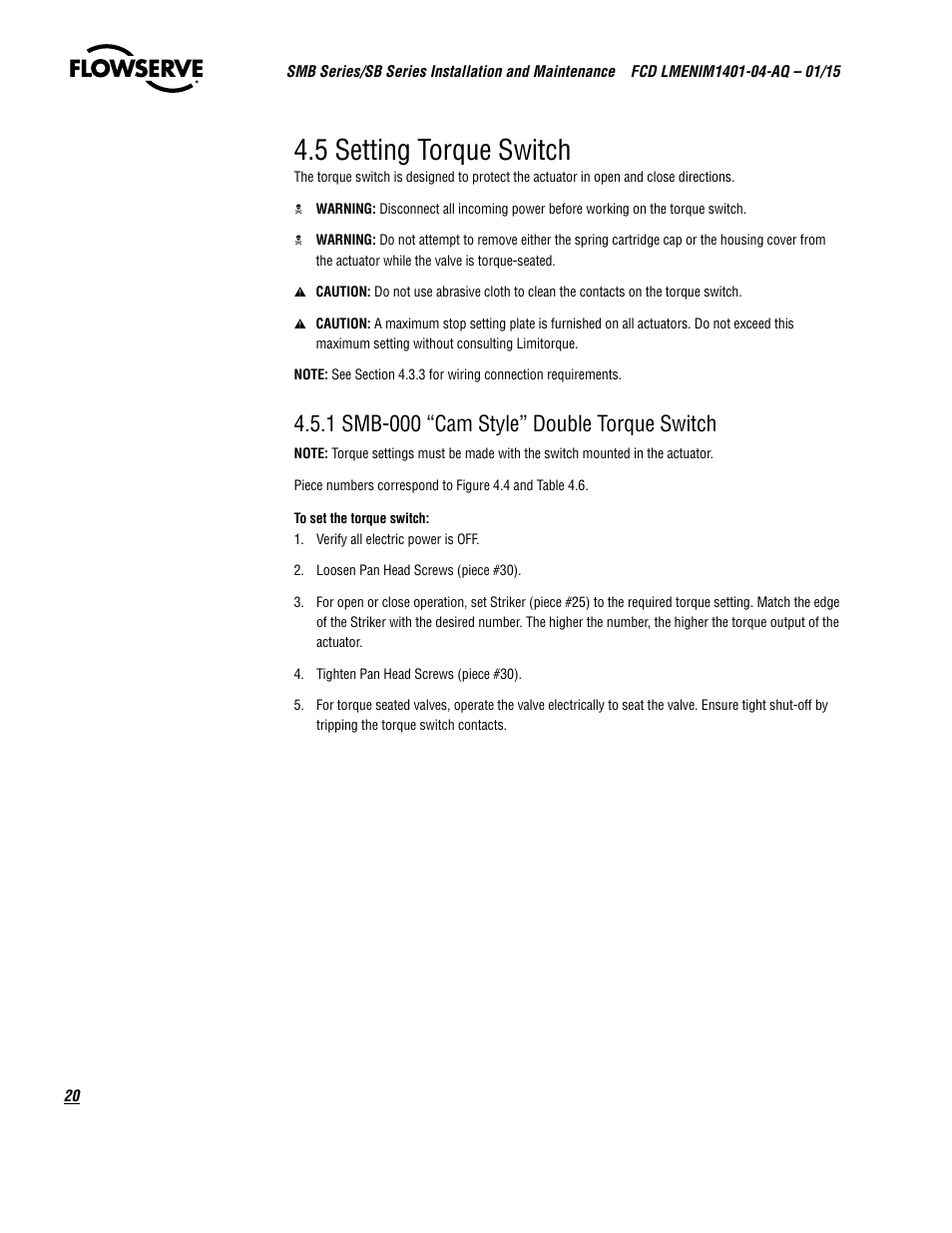 5 setting torque switch, 1 smb-000 “cam style” double torque switch | Flowserve SMB Series Electric Actuators User Manual | Page 20 / 106