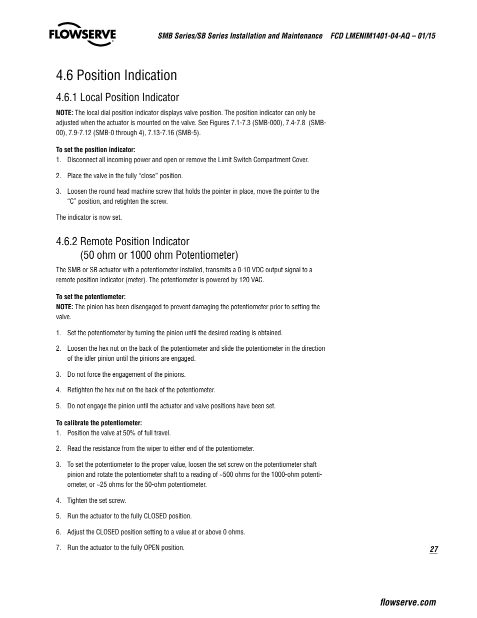 6 position indication, 1 local position indicator | Flowserve SMB Series Electric Actuators User Manual | Page 27 / 106