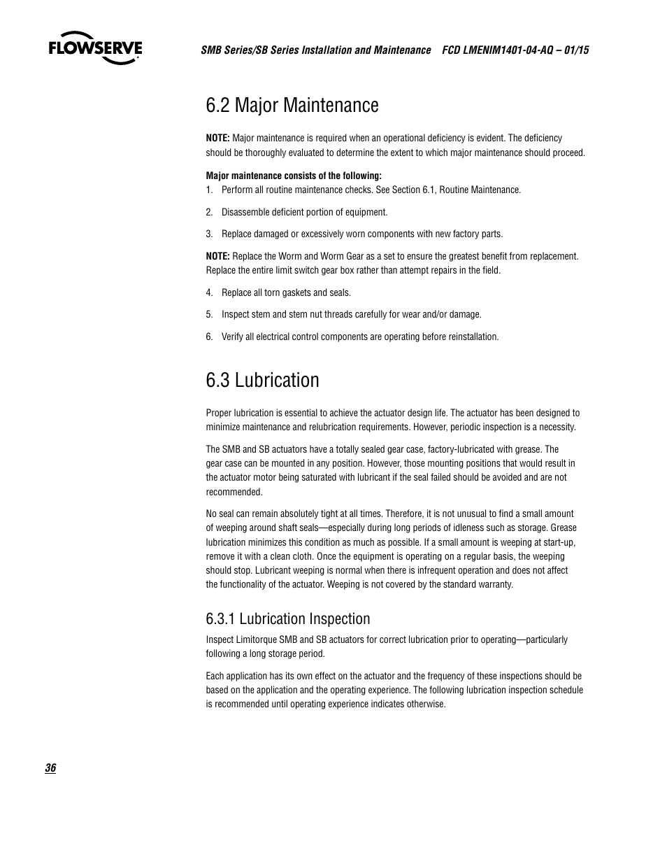 2 major maintenance, 3 lubrication, 1 lubrication inspection | Flowserve SMB Series Electric Actuators User Manual | Page 36 / 106