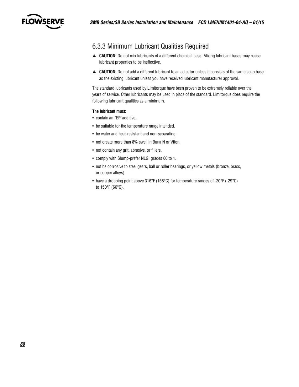 3 minimum lubricant qualities required | Flowserve SMB Series Electric Actuators User Manual | Page 38 / 106