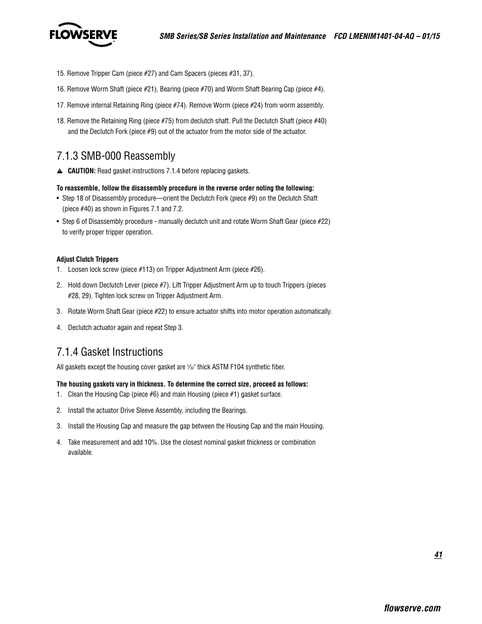 3 smb-000 reassembly, 4 gasket instructions | Flowserve SMB Series Electric Actuators User Manual | Page 41 / 106