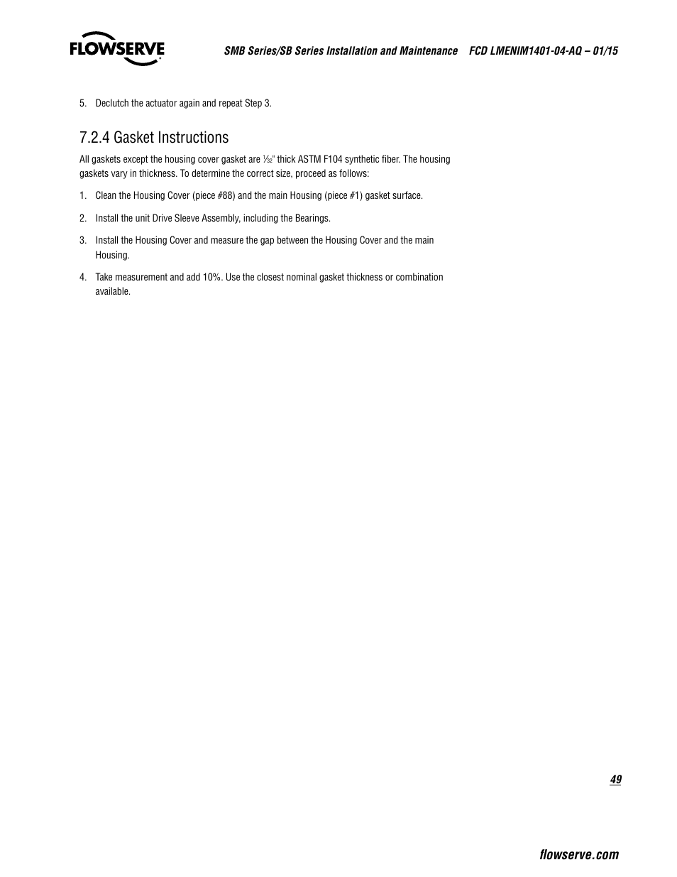 4 gasket instructions | Flowserve SMB Series Electric Actuators User Manual | Page 49 / 106