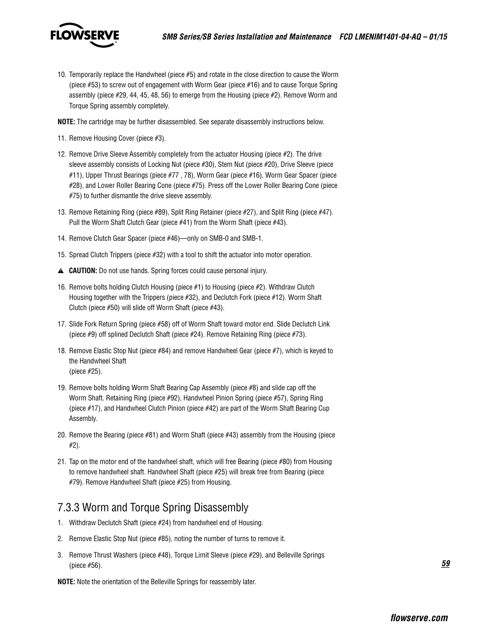 3 worm and torque spring disassembly | Flowserve SMB Series Electric Actuators User Manual | Page 59 / 106