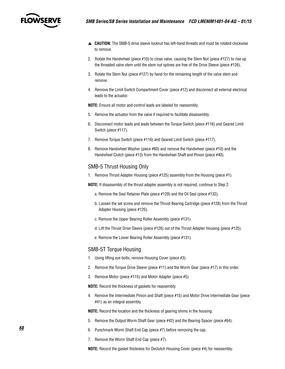 Smb-5 thrust housing only, Smb-5t torque housing | Flowserve SMB Series Electric Actuators User Manual | Page 68 / 106