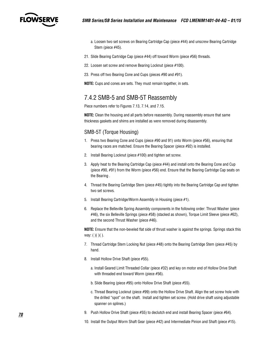 2 smb-5 and smb-5t reassembly, Smb-5t (torque housing) | Flowserve SMB Series Electric Actuators User Manual | Page 70 / 106