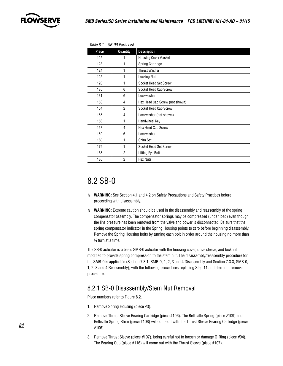 2 sb-0, 1 sb-0 disassembly/stem nut removal | Flowserve SMB Series Electric Actuators User Manual | Page 84 / 106