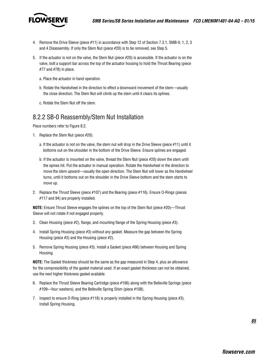 2 sb-0 reassembly/stem nut installation | Flowserve SMB Series Electric Actuators User Manual | Page 85 / 106