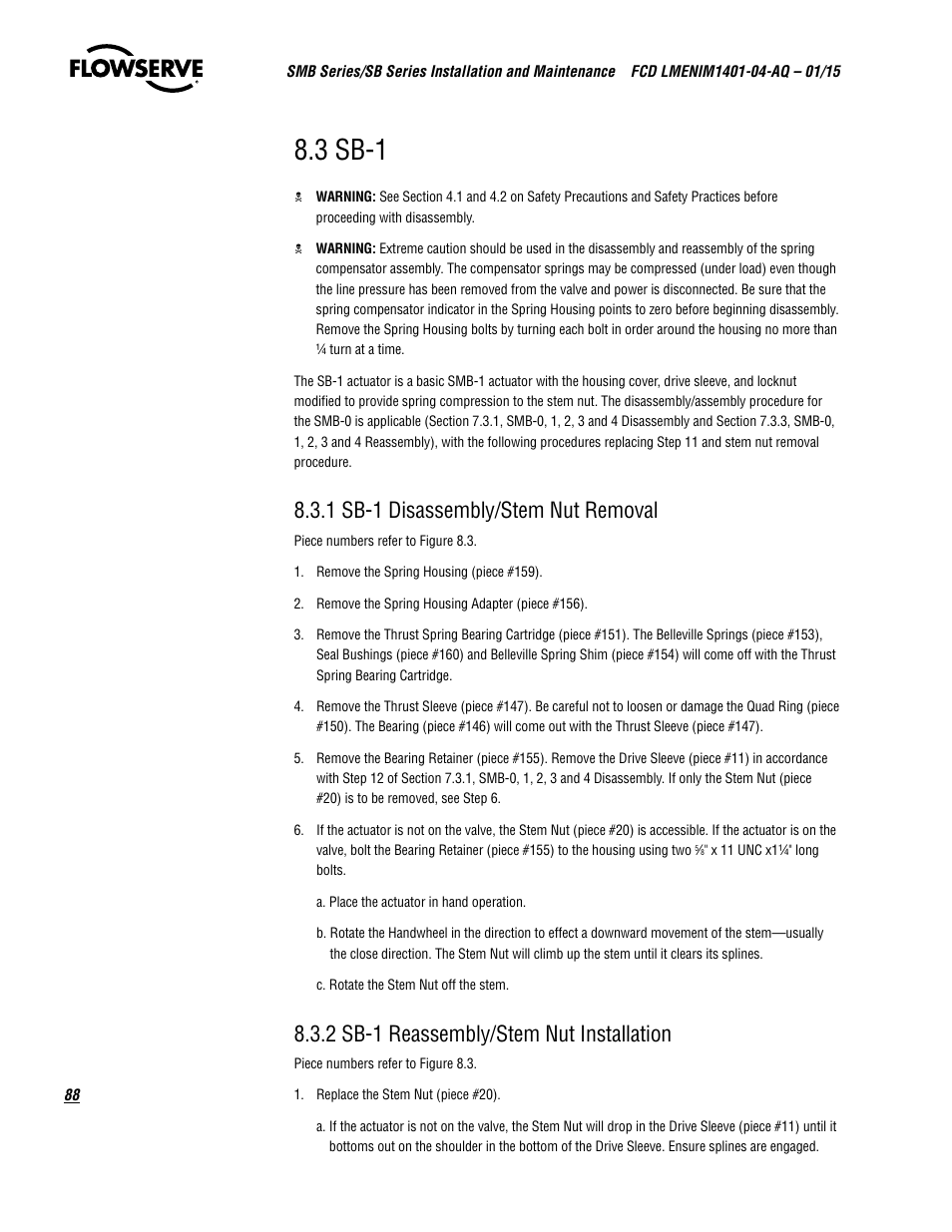 3 sb-1, 1 sb-1 disassembly/stem nut removal, 2 sb-1 reassembly/stem nut installation | Flowserve SMB Series Electric Actuators User Manual | Page 88 / 106