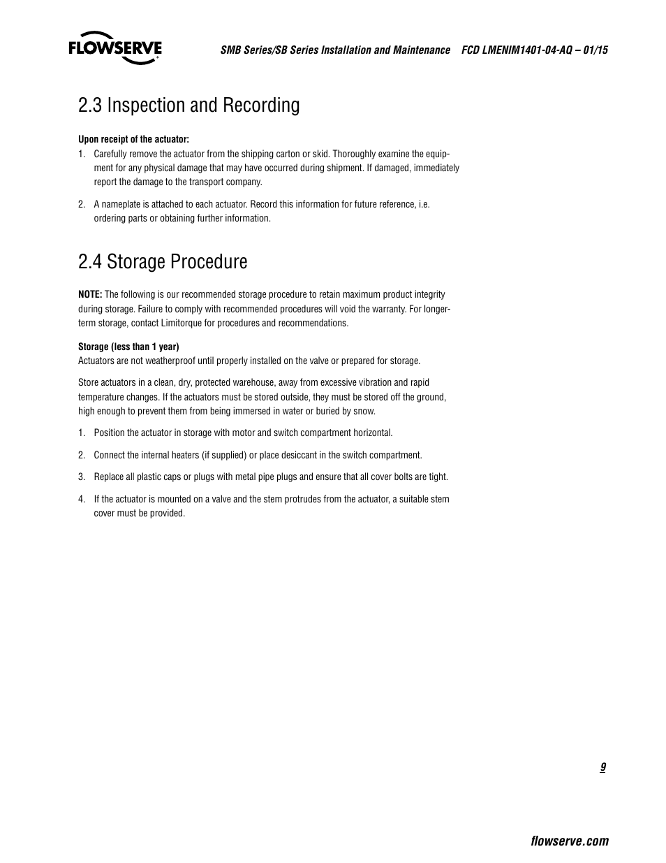 3 inspection and recording, 4 storage procedure | Flowserve SMB Series Electric Actuators User Manual | Page 9 / 106