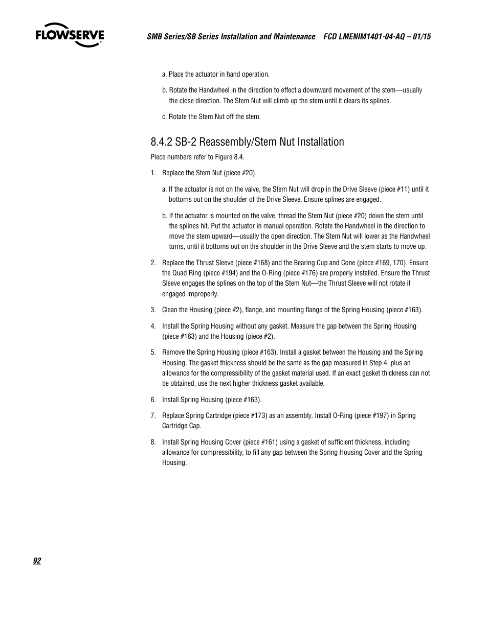 2 sb-2 reassembly/stem nut installation | Flowserve SMB Series Electric Actuators User Manual | Page 92 / 106