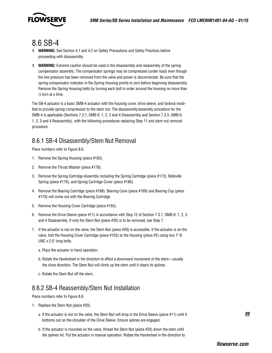 6 sb-4, 1 sb-4 disassembly/stem nut removal, 2 sb-4 reassembly/stem nut installation | Flowserve SMB Series Electric Actuators User Manual | Page 99 / 106