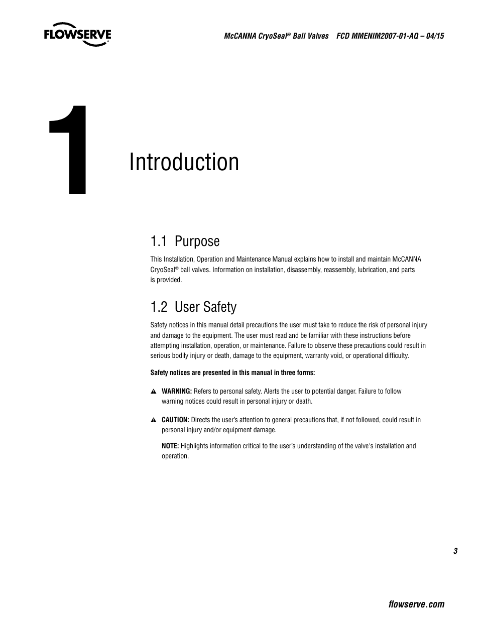 Introduction | Flowserve McCANNA CryoSeal Ball Valves User Manual | Page 3 / 16