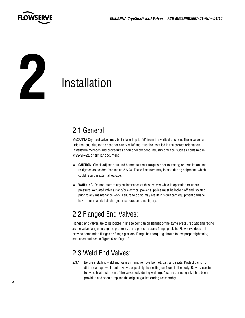 Installation | Flowserve McCANNA CryoSeal Ball Valves User Manual | Page 4 / 16