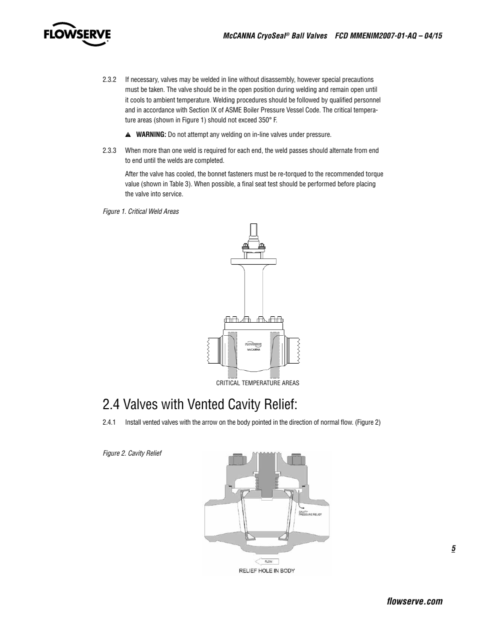 4 valves with vented cavity relief | Flowserve McCANNA CryoSeal Ball Valves User Manual | Page 5 / 16