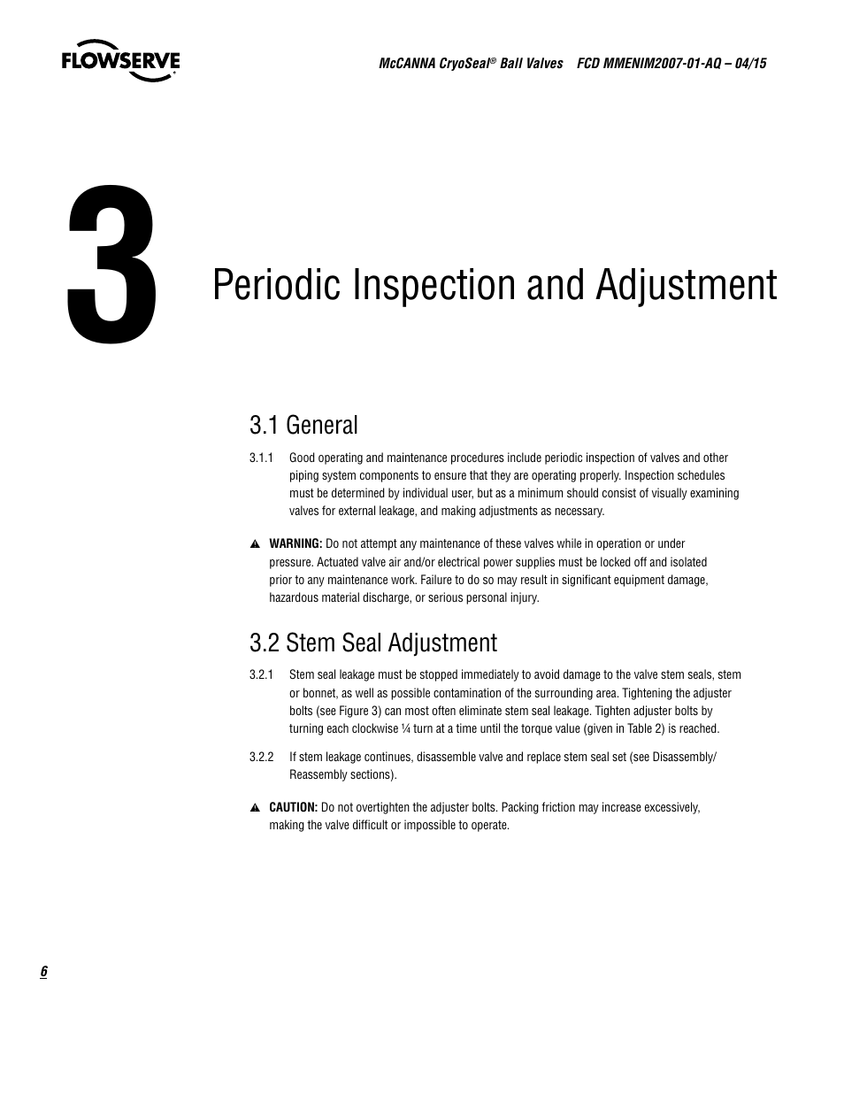 Periodic inspection and adjustment | Flowserve McCANNA CryoSeal Ball Valves User Manual | Page 6 / 16