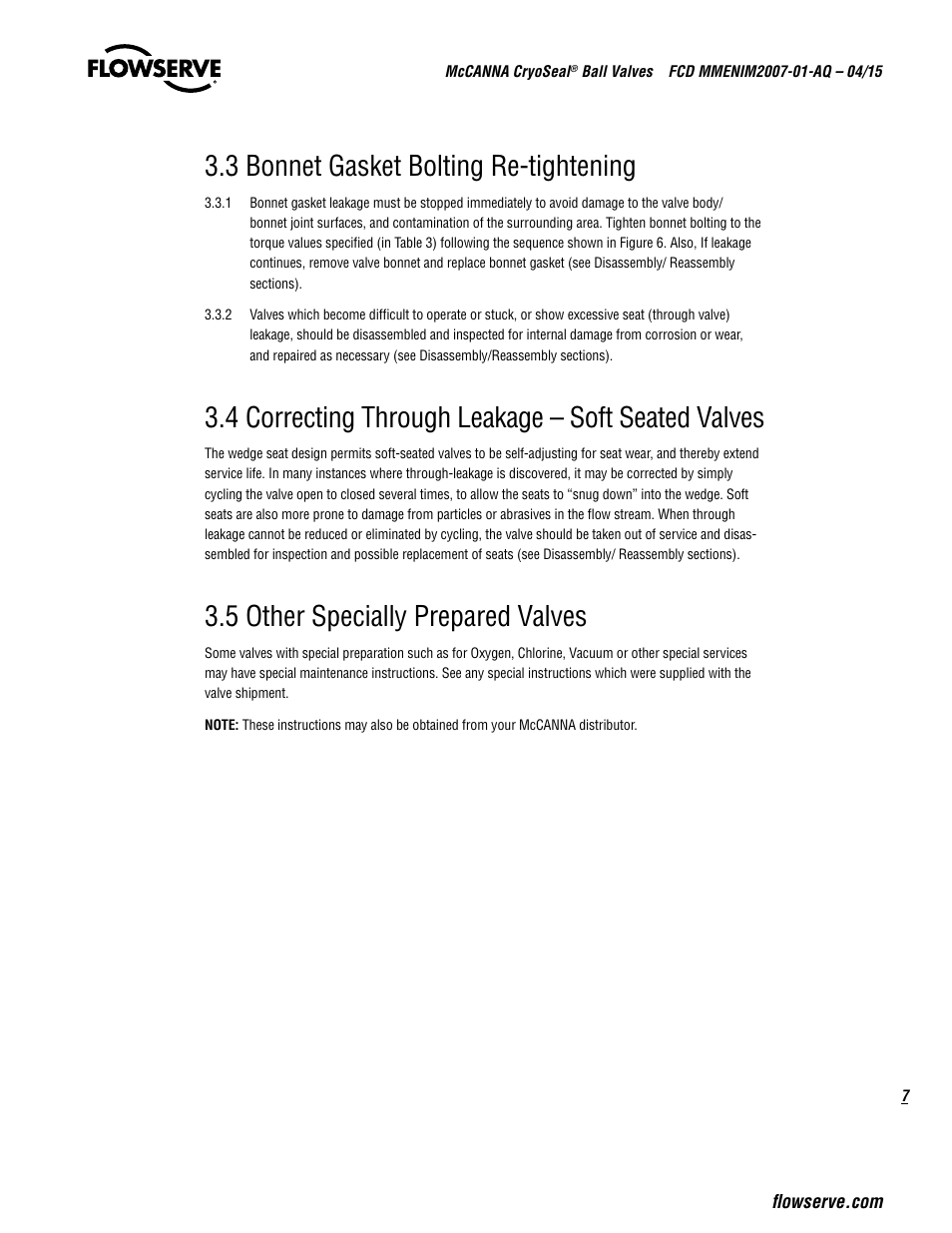 3 bonnet gasket bolting re-tightening, 4 correcting through leakage – soft seated valves, 5 other specially prepared valves | Flowserve McCANNA CryoSeal Ball Valves User Manual | Page 7 / 16