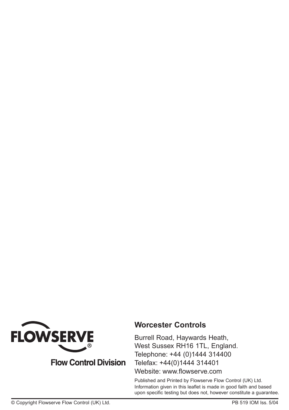 Worcester controls | Flowserve F519 Flanged ANSI User Manual | Page 12 / 12
