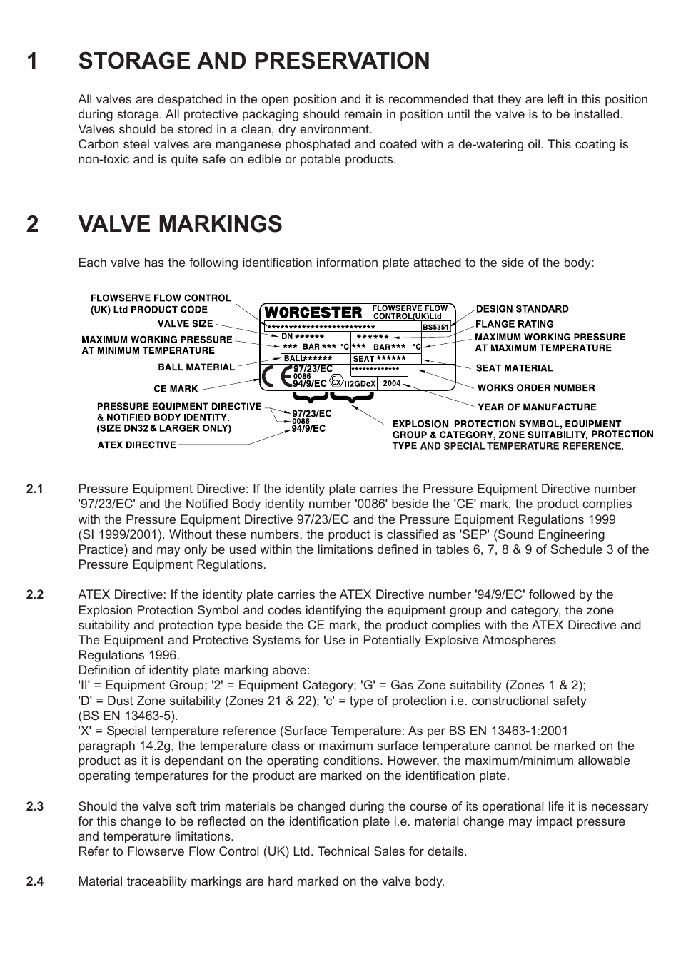 1storage and preservation, 2 valve markings | Flowserve F519 Flanged ANSI User Manual | Page 2 / 12