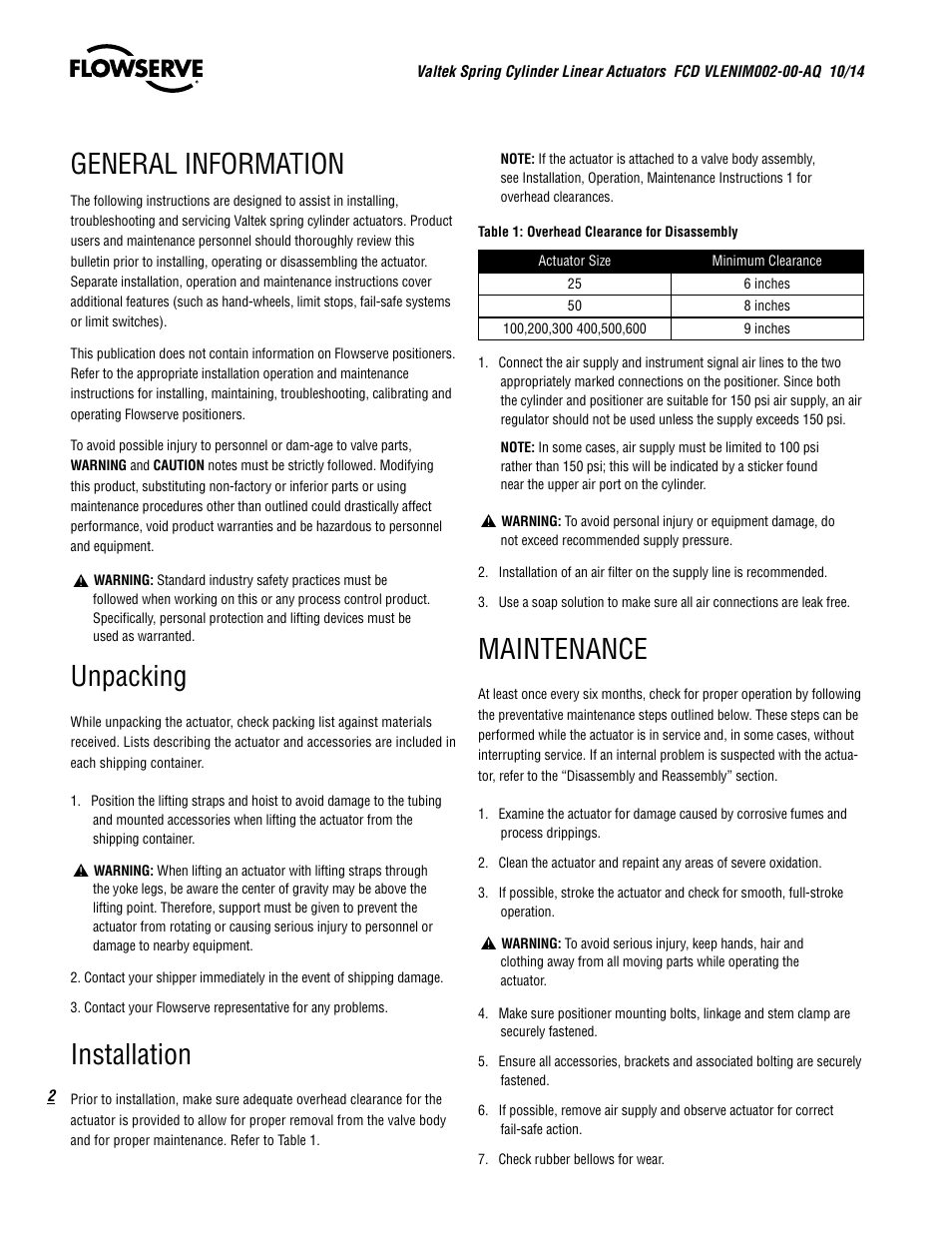 General information, Unpacking, Installation | Maintenance | Flowserve Valtek VL Spring Cylinder Linear Actuators User Manual | Page 2 / 8