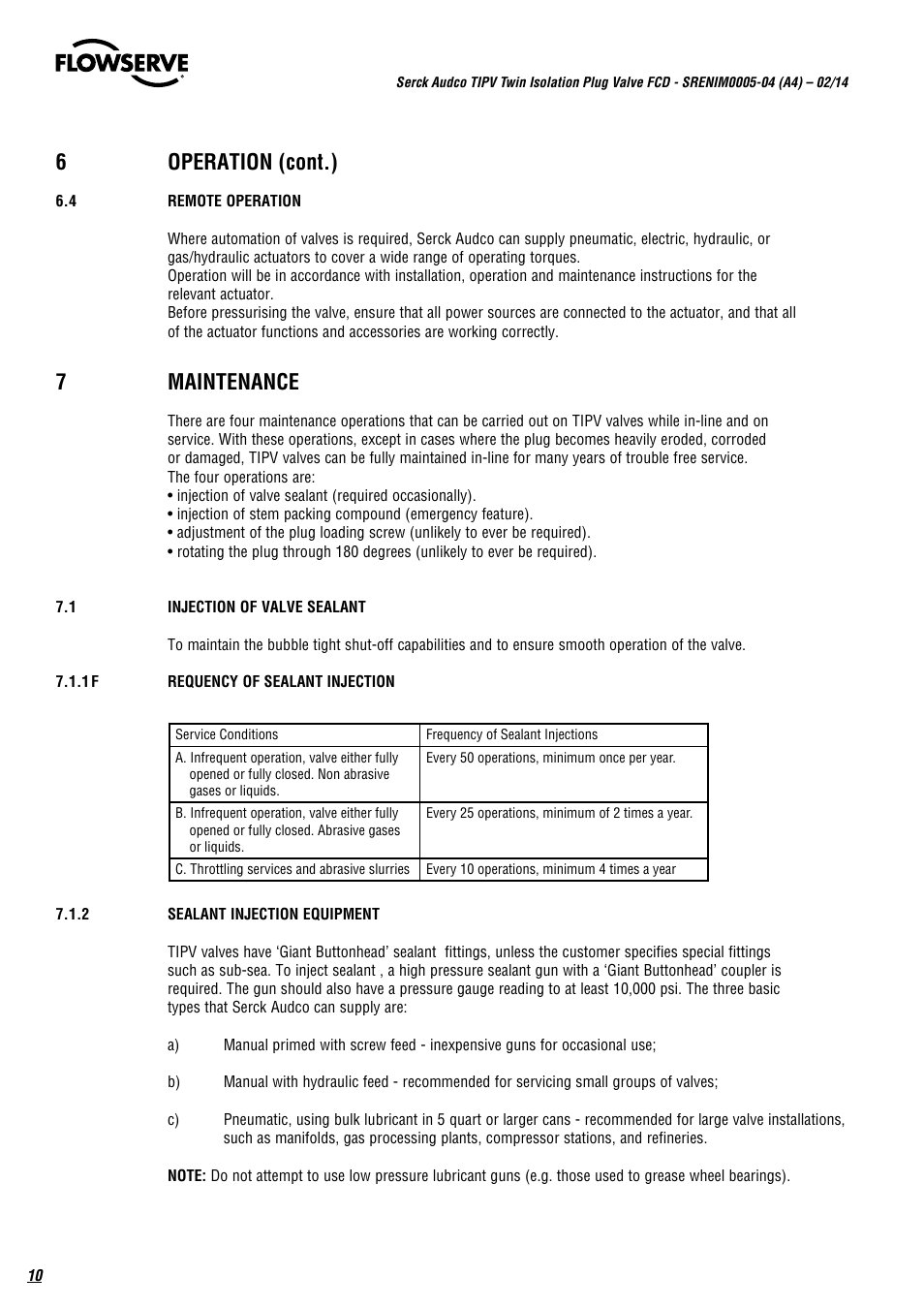 6operation (cont.), 7maintenance | Flowserve Serck Audco Twin Isolation Plug Valve User Manual | Page 10 / 20