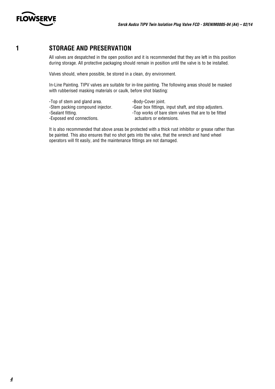 1storage and preservation | Flowserve Serck Audco Twin Isolation Plug Valve User Manual | Page 4 / 20