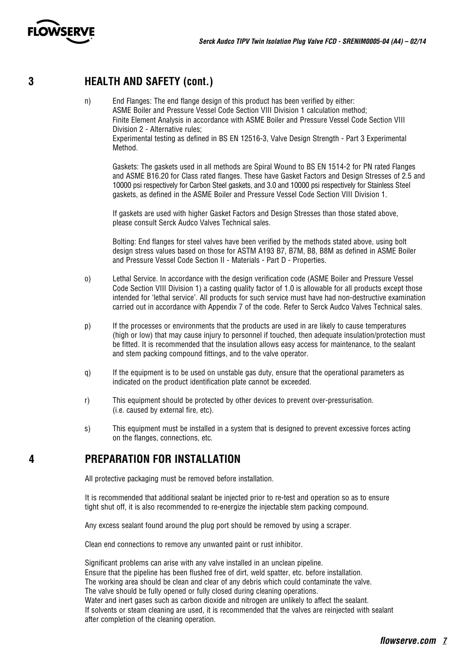 3health and safety (cont.), 4preparation for installation | Flowserve Serck Audco Twin Isolation Plug Valve User Manual | Page 7 / 20