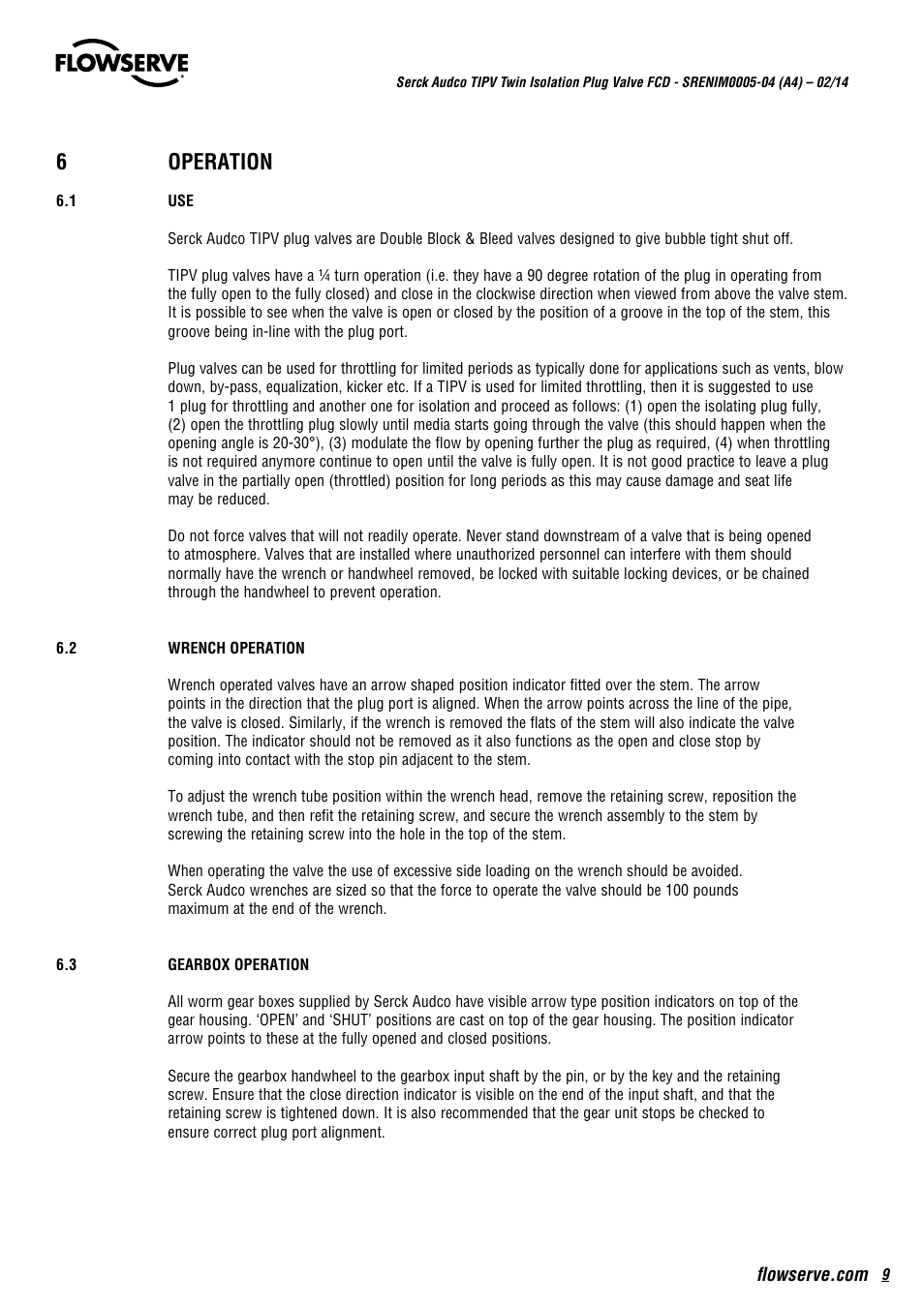 6operation | Flowserve Serck Audco Twin Isolation Plug Valve User Manual | Page 9 / 20