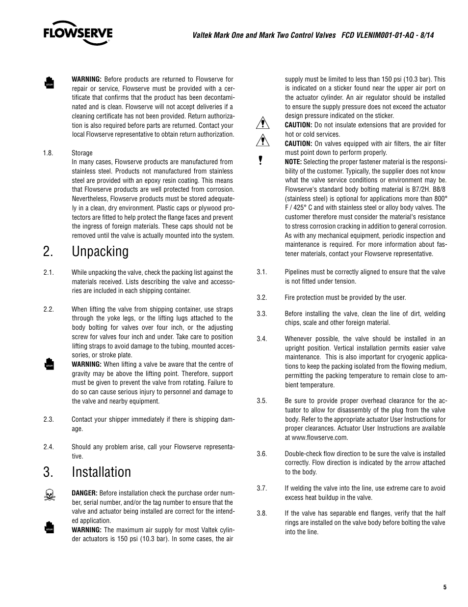 Unpacking, Installation | Flowserve Valtek Mark One and Mark Two Control Valves User Manual | Page 5 / 16